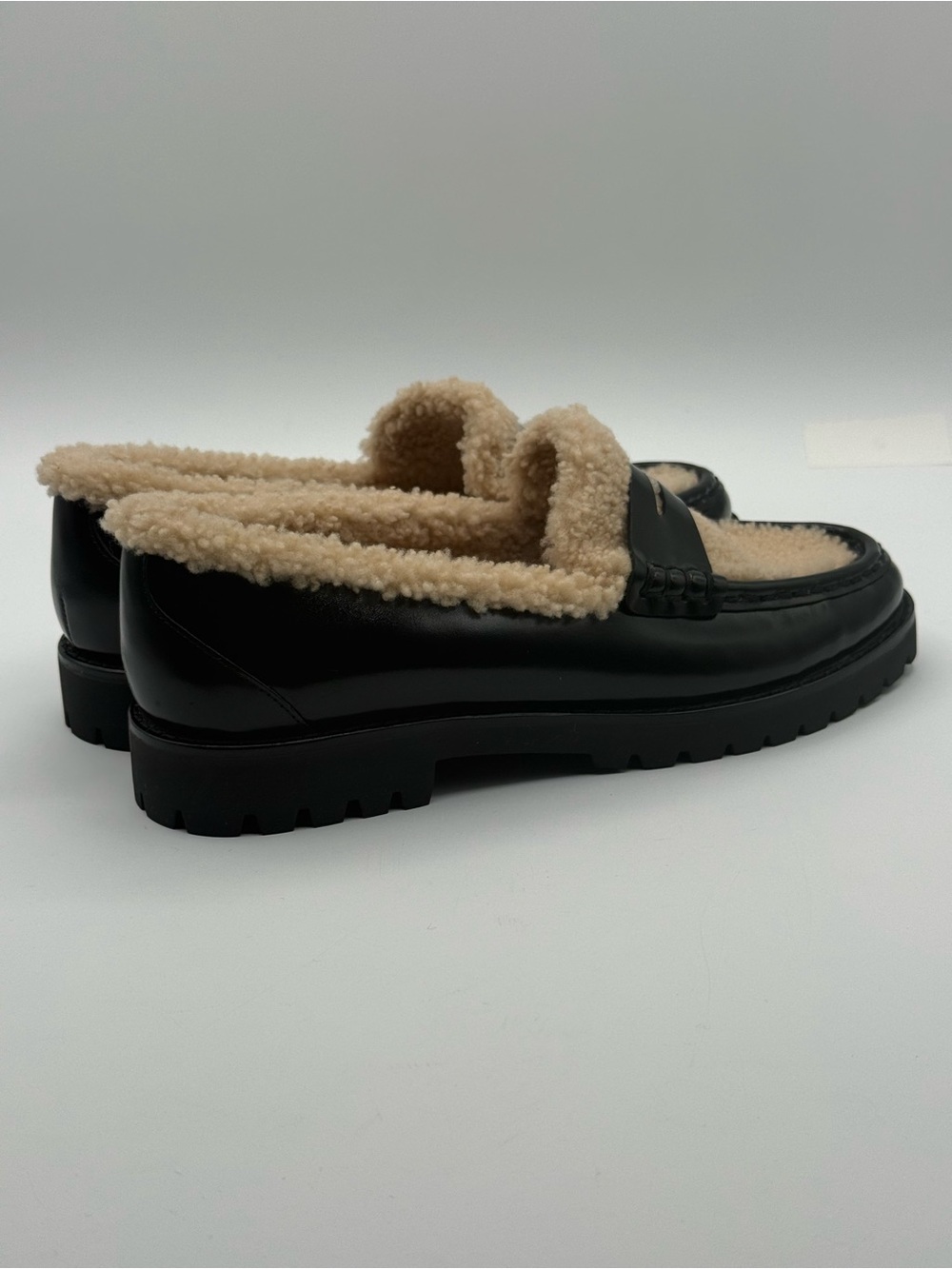 PAIGE Ellis Penny Loafers Black Leather Shearling Lined Lug Sole Slip-On Shoes - Picture 9 of 16
